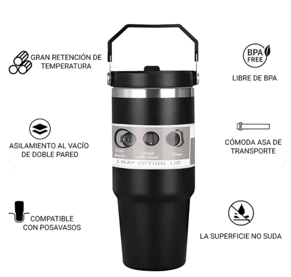 Vaso Térmico Grand 900 ml de Acero Inoxidable | Mantiene Frío y Caliente por Horas